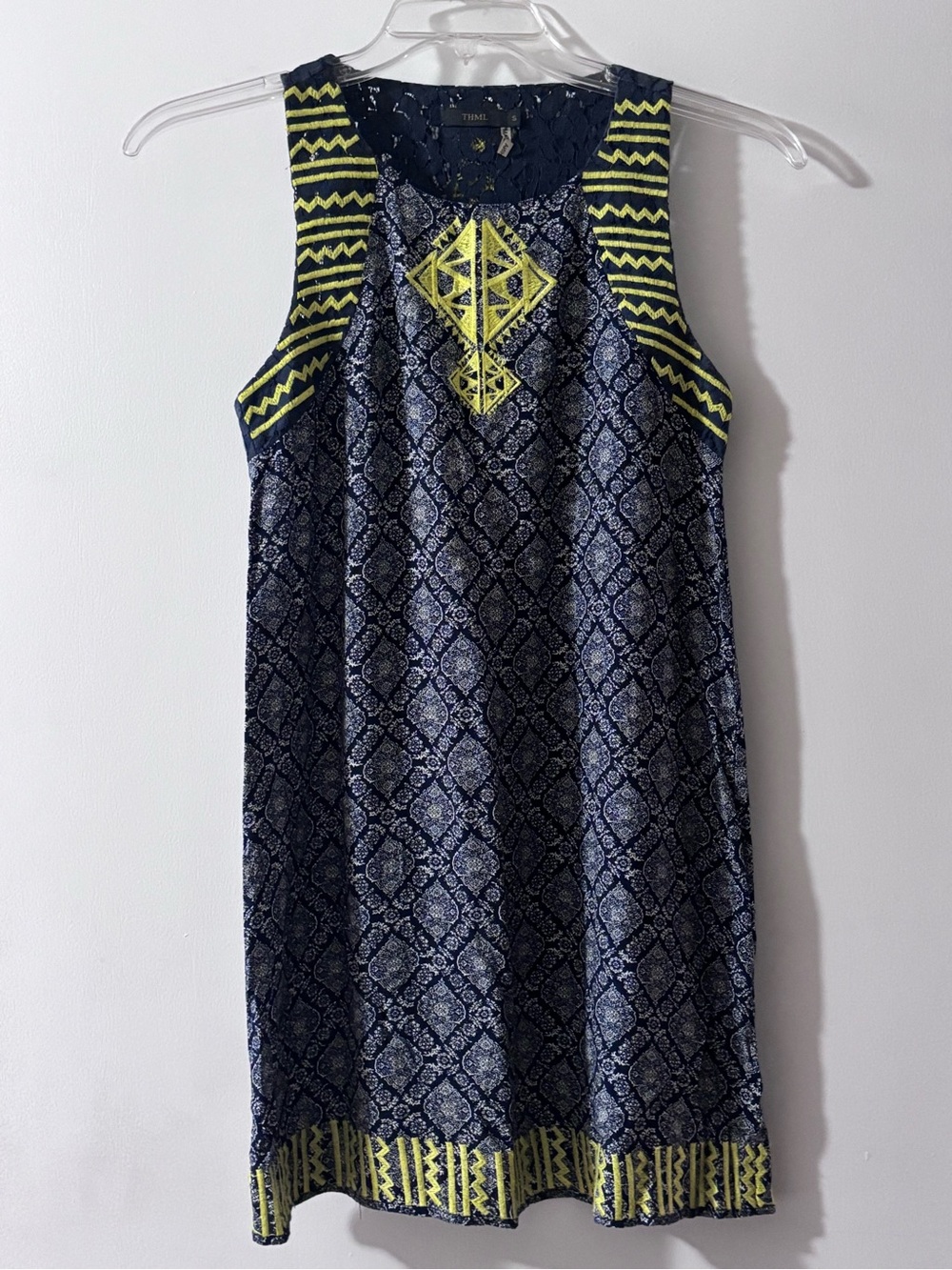 THML Navy Blue Yellow Geometric Embroidered Lace Back Shift Dress Size S